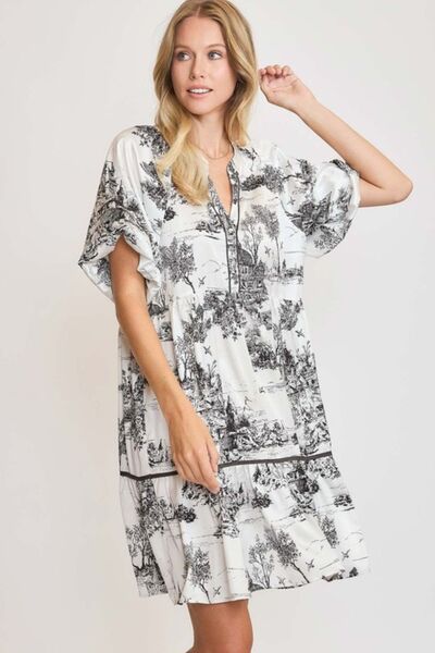 Umgee Black Two Tone Landscape Print Dress with Balloon Sleeves Black