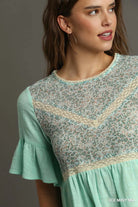 Umgee Ice Mint Mix Floral Lace Trimmed Detail Half Sleeve Babydoll Top