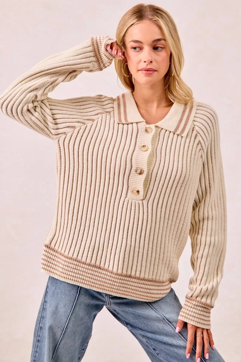 BiBi Cream & Latte Half Button Ribbed Two Tone Sweater