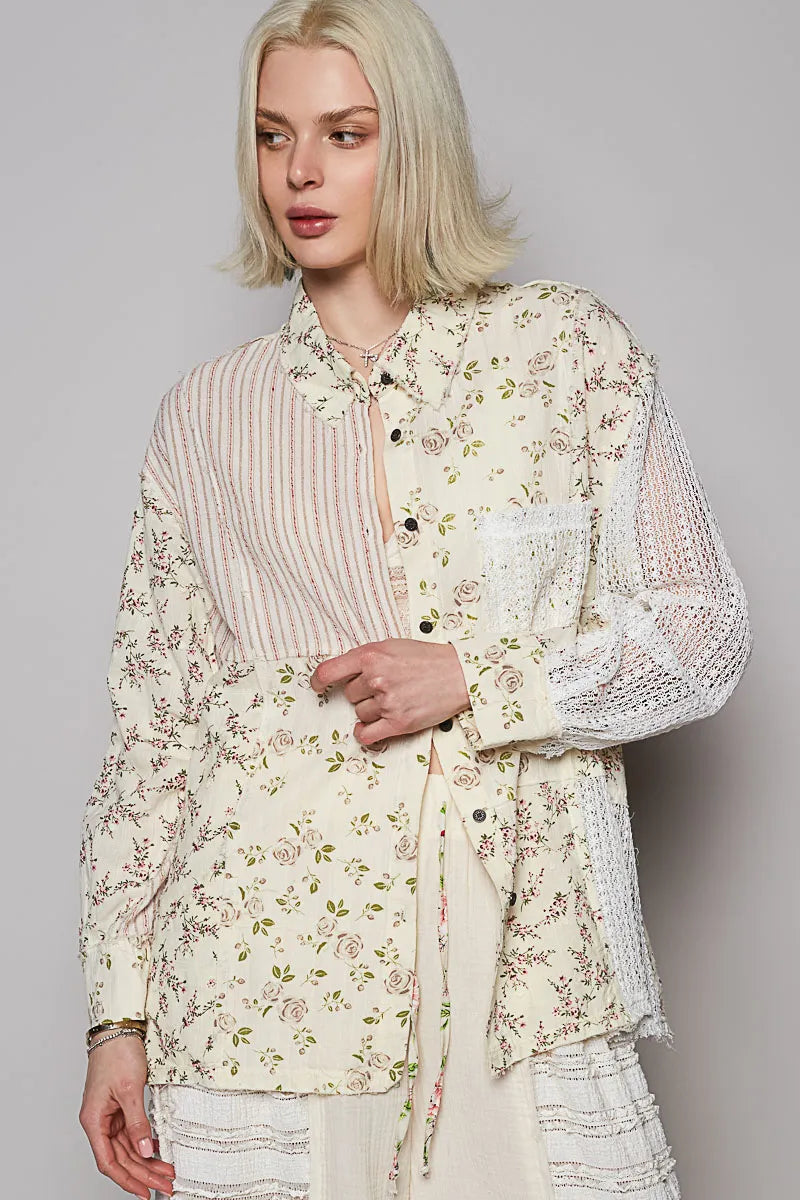 POL Lace Patchwork Floral Button-Up Long Sleeve Shirt