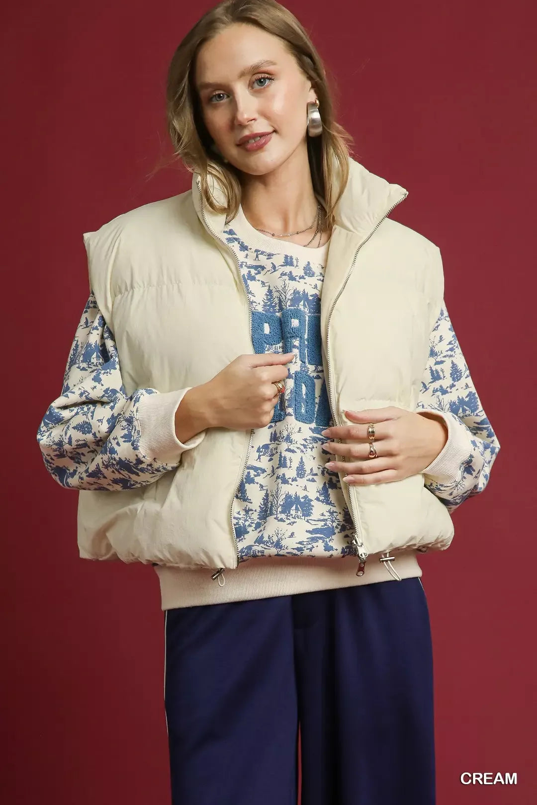 Umgee Cream High Neck Puffer Vest with Zip Front