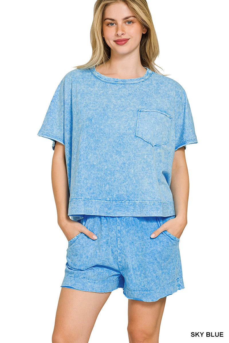Zenana Sky Blue Halo Snow Washed Boxy Top & Shorts Set SKY BLUE