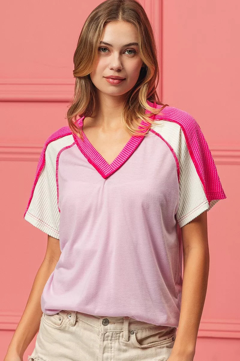 BiBi Pink & Fuchsia Cord Rib Combo V Neck Jersey Knit Top