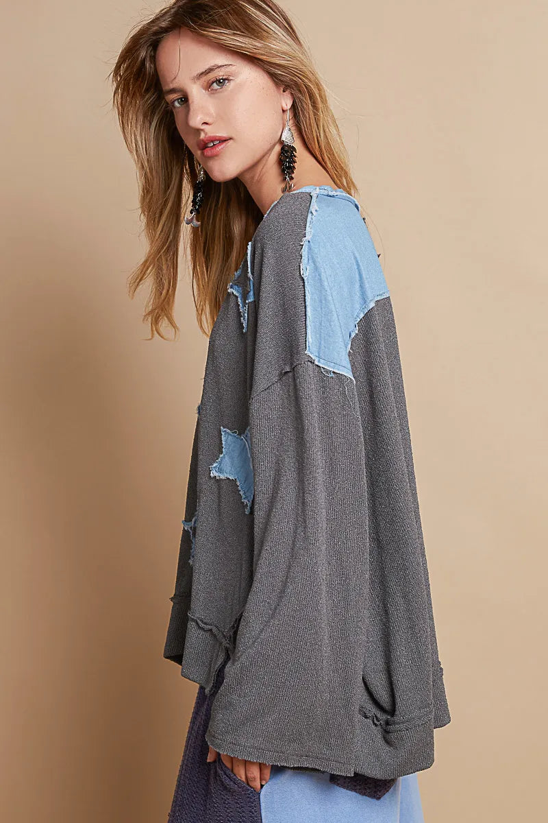 POL Charcoal Exposed Seam Relaxed Fit Sweater with Star Denim Patches