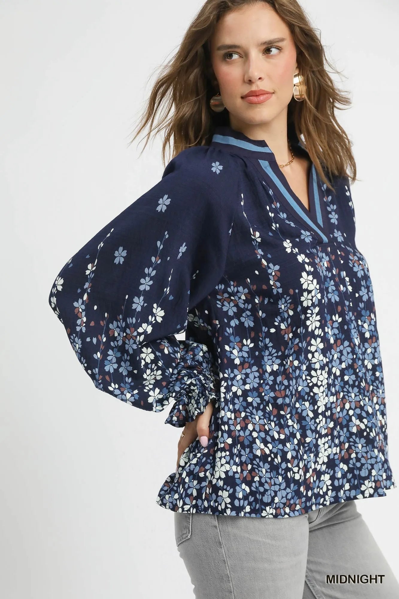 Umgee Midnight Floral Vine Print Blouse with Balloon Sleeves