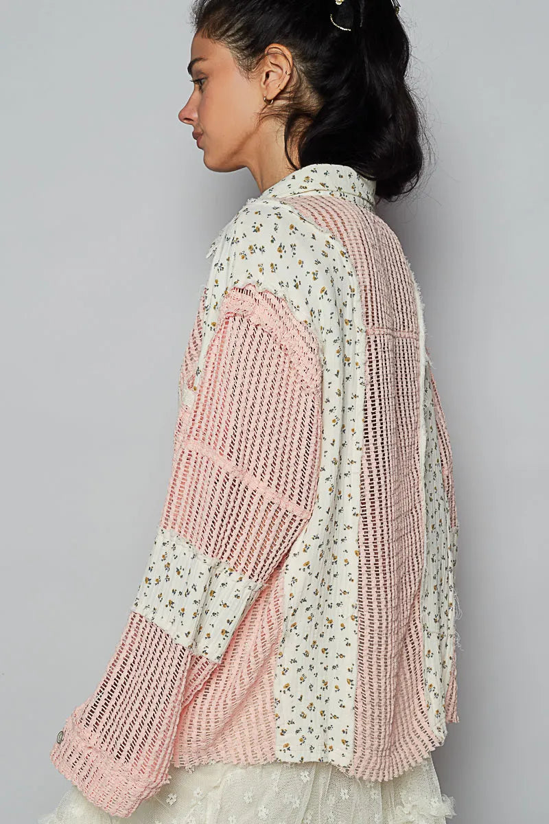 POL Floral Crochet Patchwork Long Sleeve Shirt
