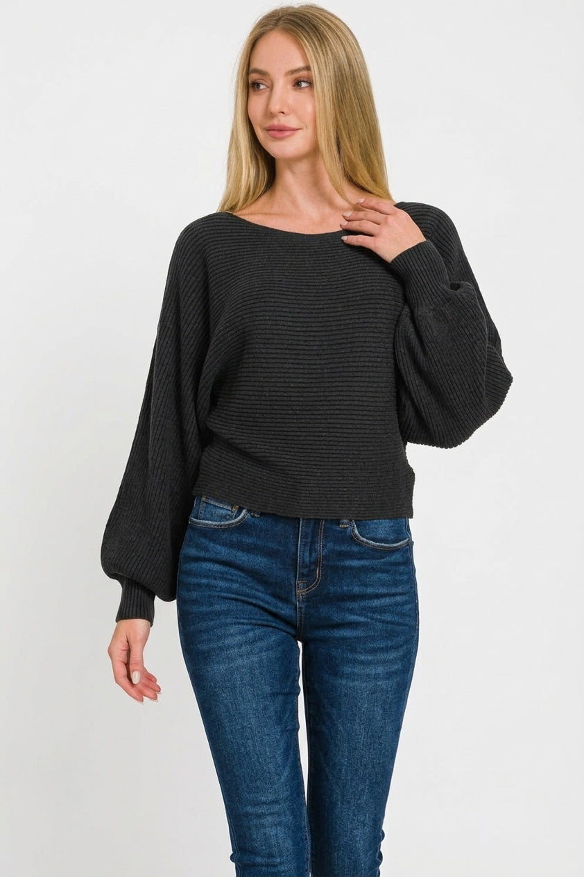 Zenana Black Boat Neck Balloon Sleeve Sweater