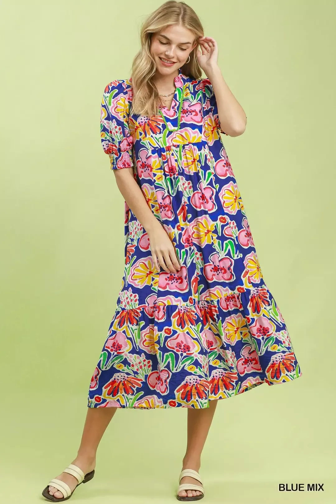 Umgee Blue Mix Floral Print Puff Sleeve Tiered Midi Dress