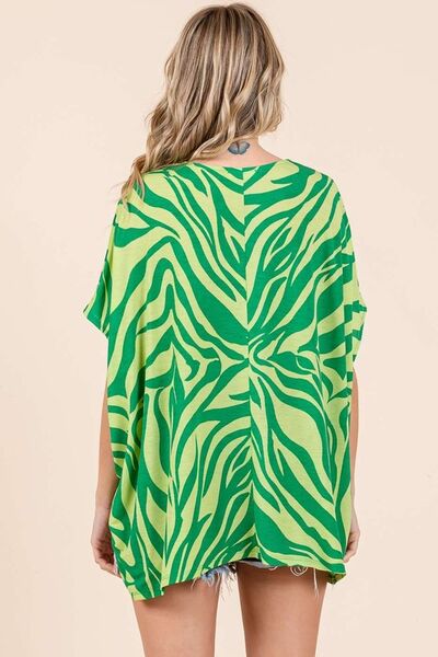 Mittoshop Green Zebra Print V-Neck Short Sleeve Oversized Top