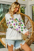 BiBi Off White Fleur De Lis Sleeve Mardi Gras Pullover