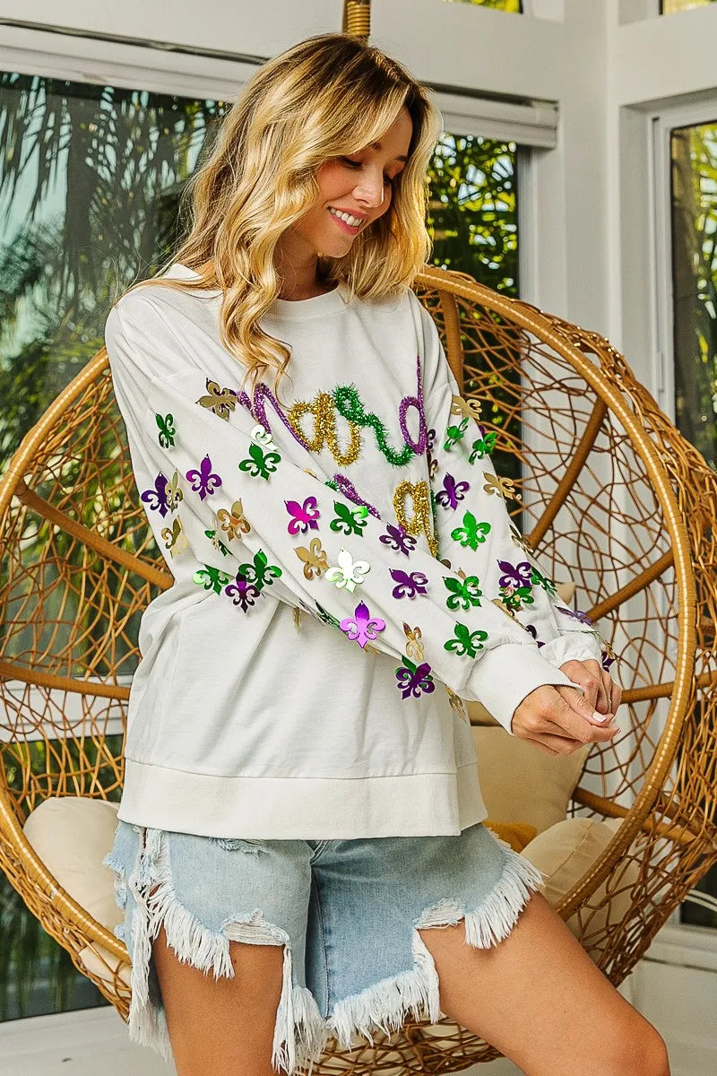 BiBi Off White Fleur De Lis Sleeve Mardi Gras Pullover