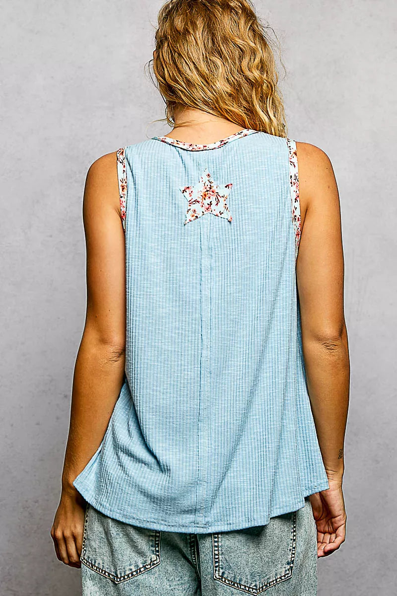 POL Powder Blue Washed Ribbed V-Neck Tank with Floral Print Star Patch