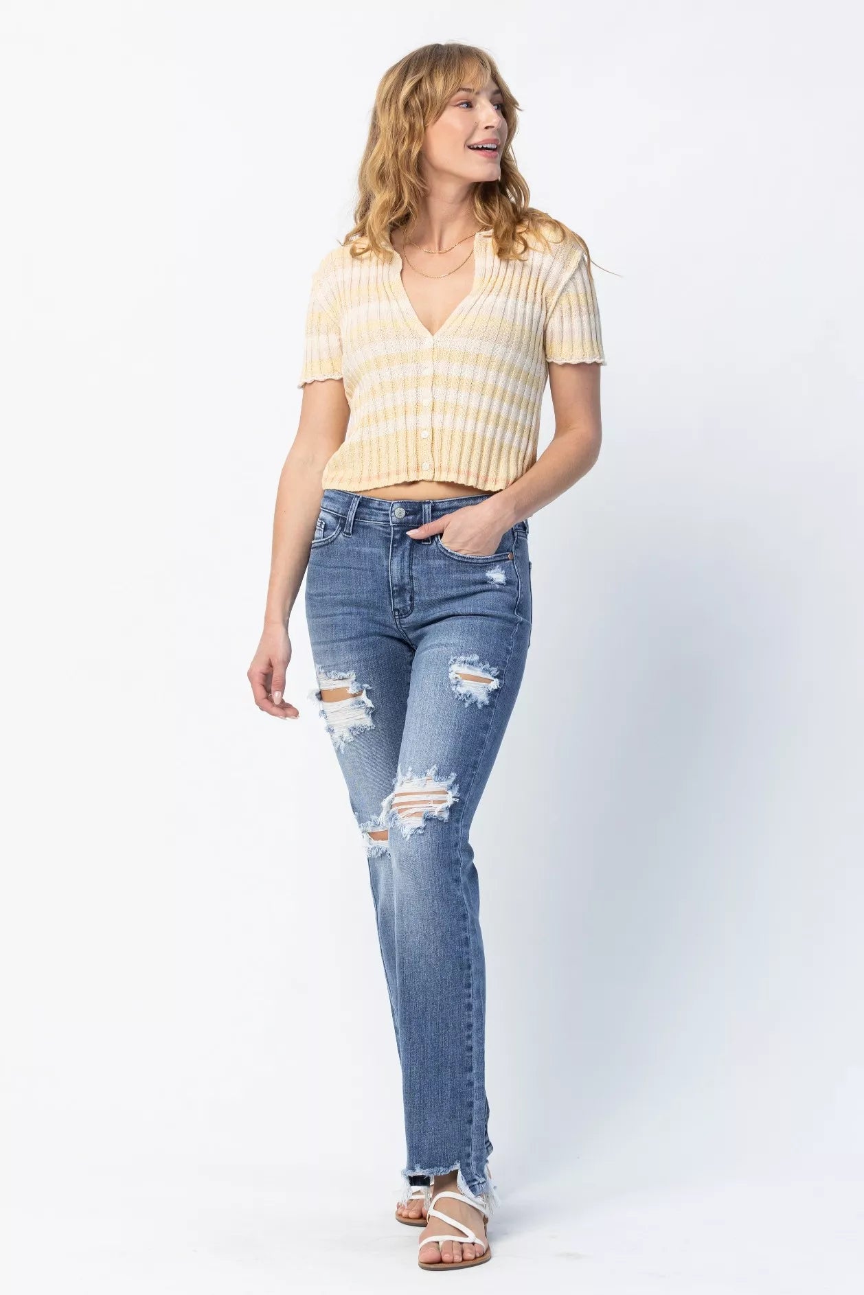 Judy Blue Medium Washed Mid Rise Destroyed Straight Jeans