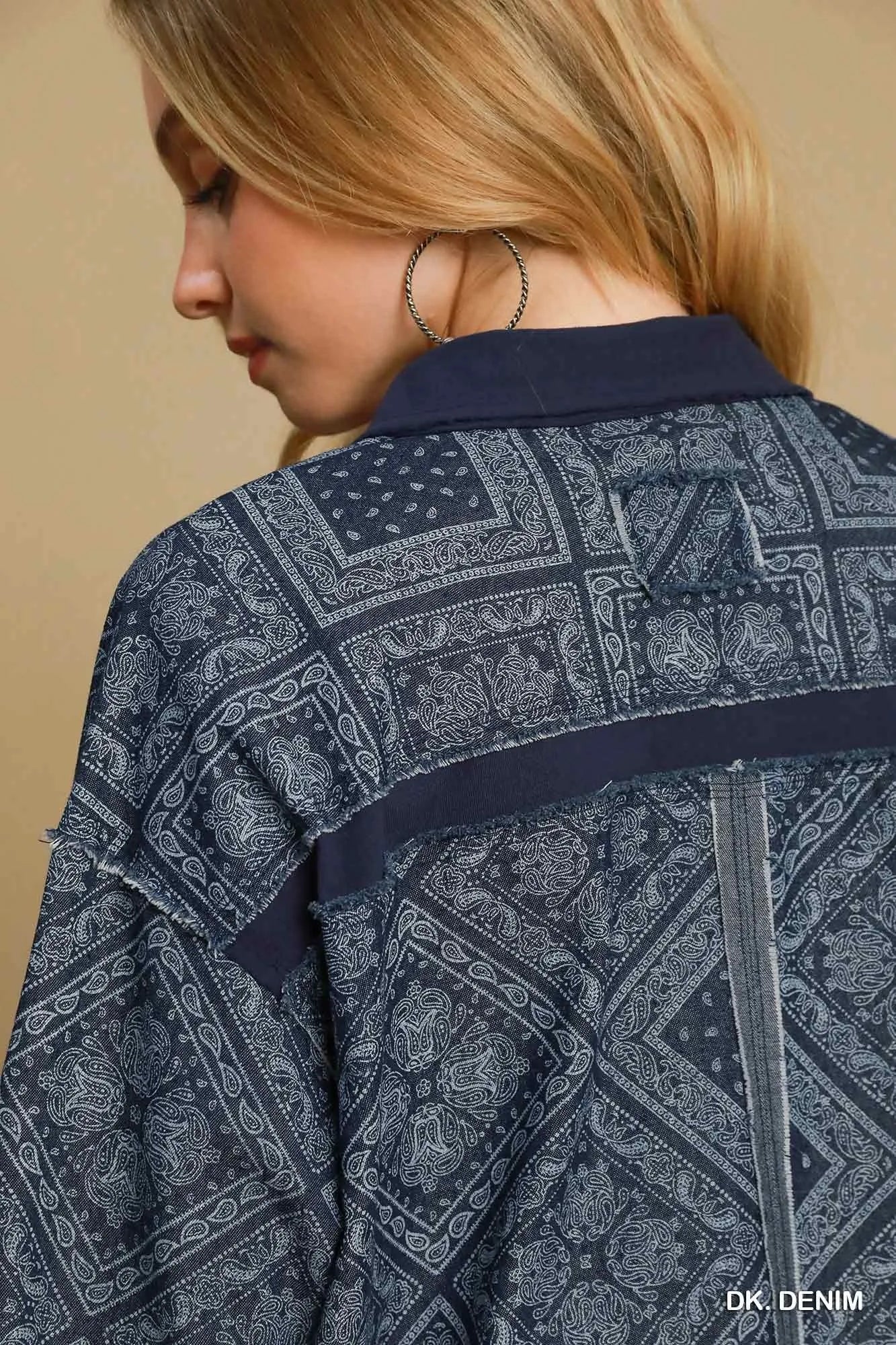Umgee Dark Denim Paisley Print Denim Shirt Jacket