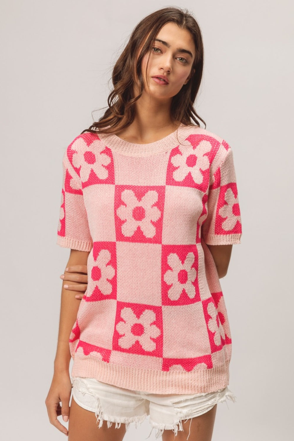 BiBi Blush Flower Checker Pattern Short Sleeve Sweater Shirts & Tops