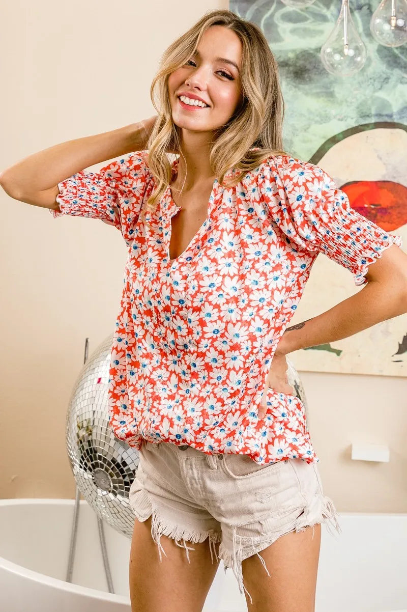 BiBi Floral Jacquard Smoked Puff Sleeves V Neck Top