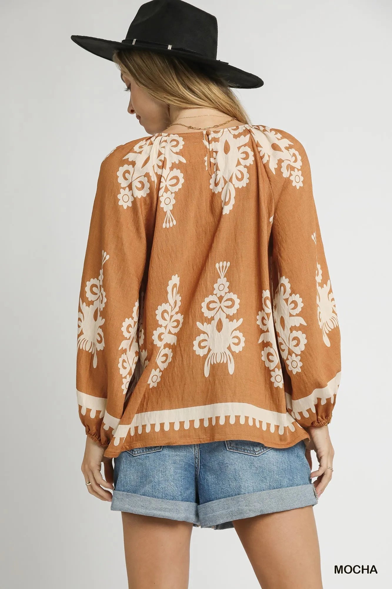 Umgee Mocha Two Tone Boho Border Print Top with Balloon Sleeves