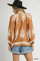 Umgee Mocha Two Tone Boho Border Print Top with Balloon Sleeves