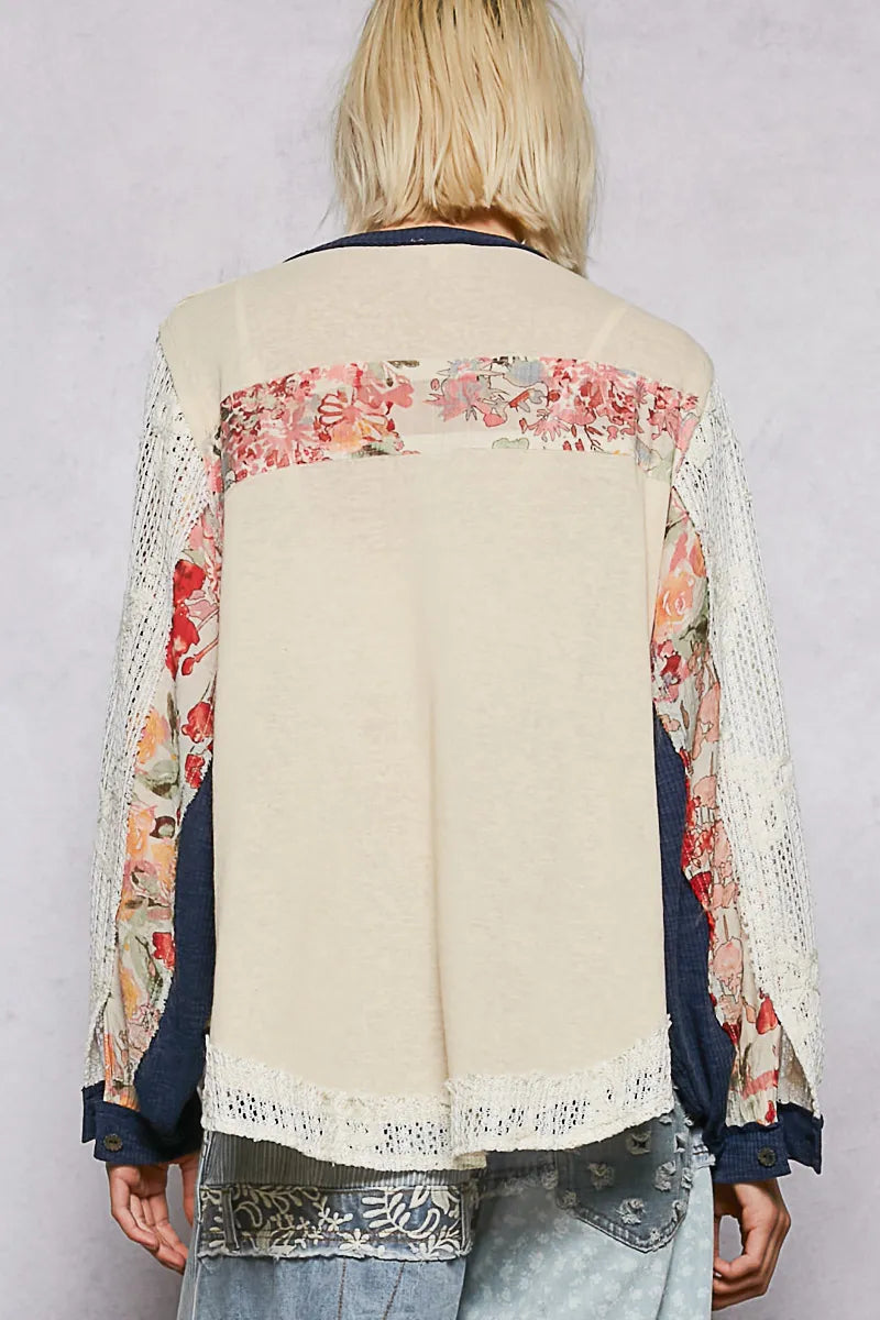 POL Button Detail Floral Patchwork Crochet Sleeve Long Sleeve Blouse
