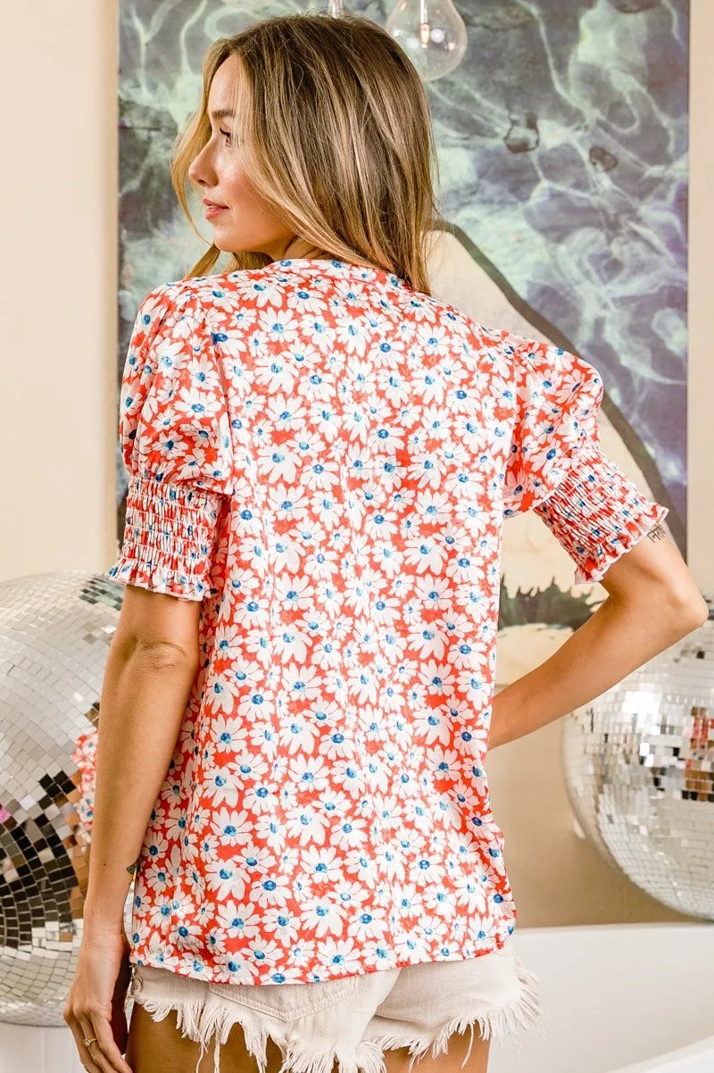 BiBi Floral Jacquard Smoked Puff Sleeves V Neck Top