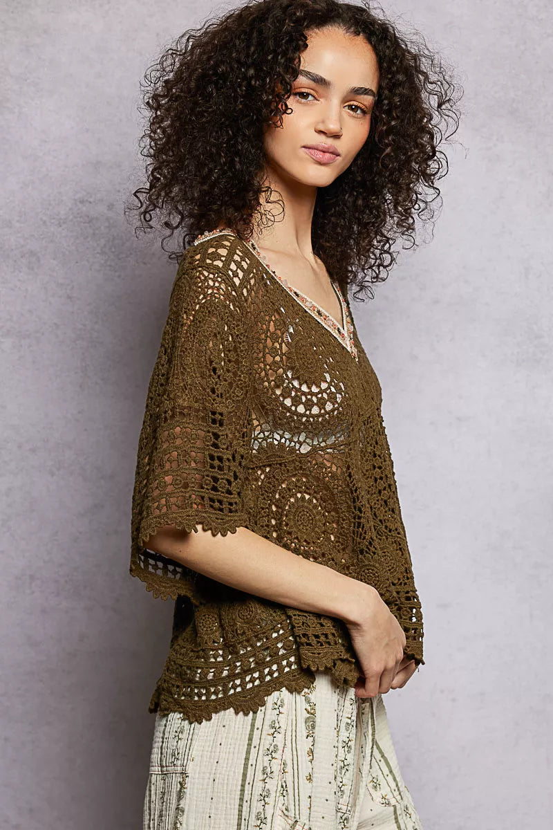 POL Olive V-Neck Crochet Top with Scalloped Hem