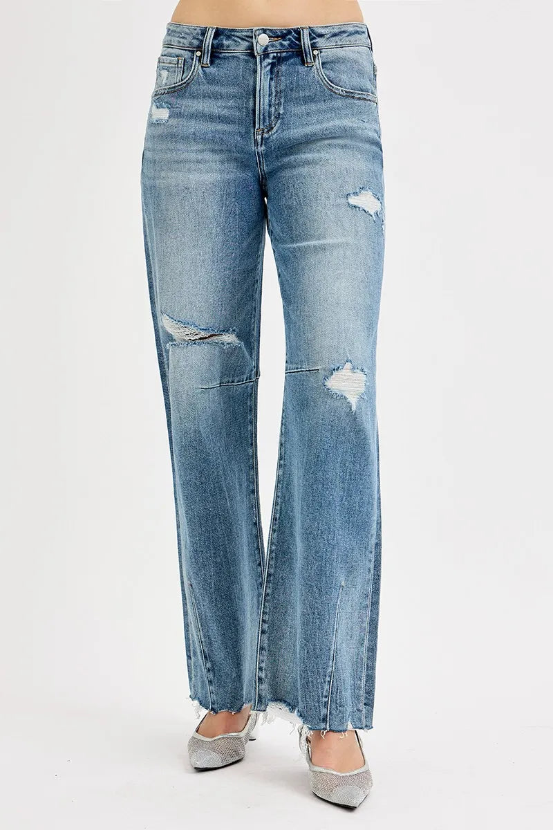RISEN Medium Washed Distressed Mid Rise Wide Baggy Leg