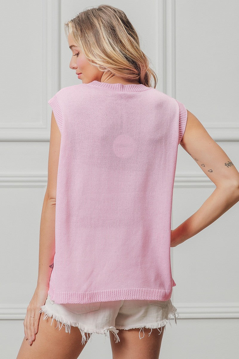 BiBi Pink American Flag Sequins Patch Knit Top