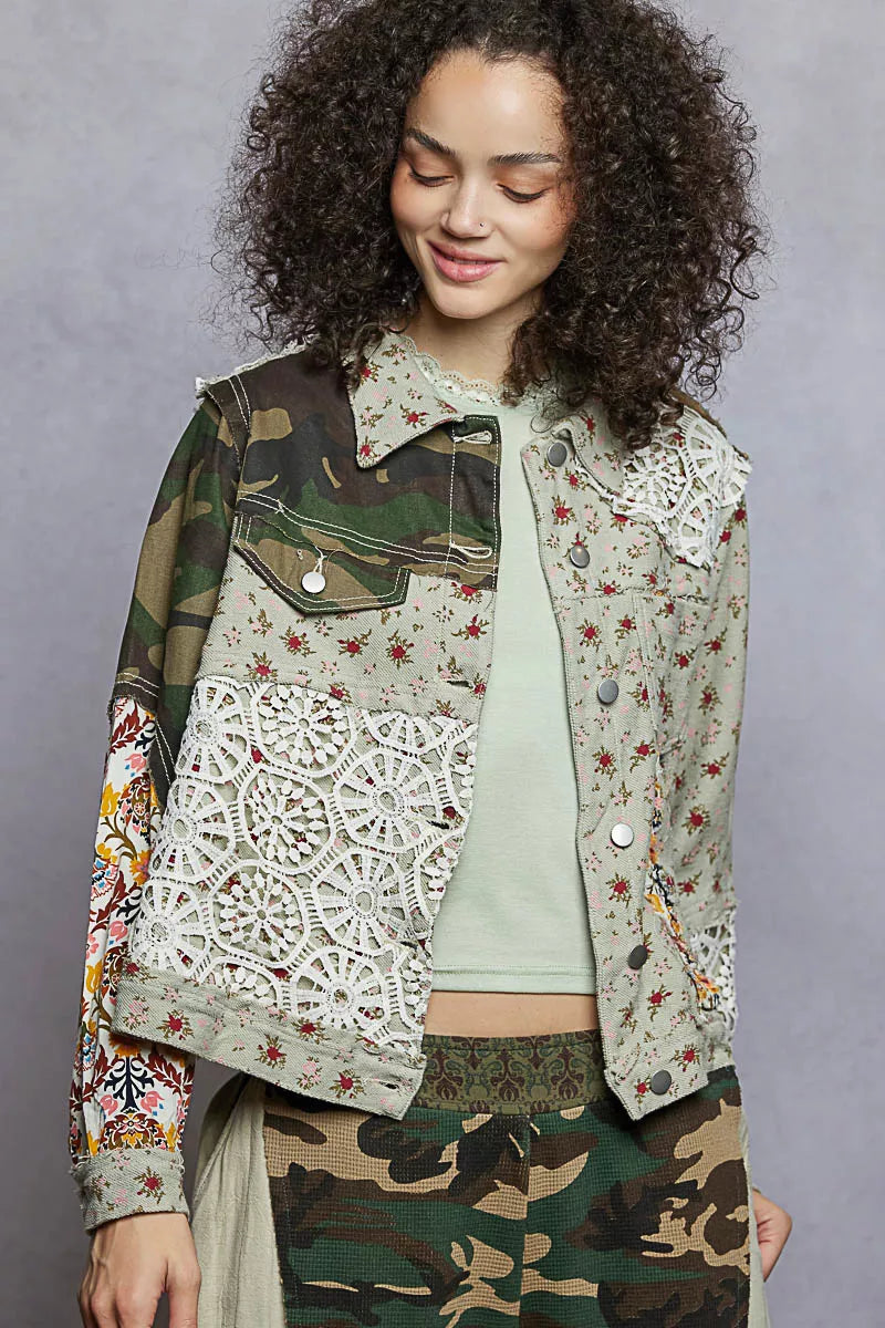 POL Olive Multi Floral Printed French Terry Jacket with Crochet Contrast Jacket
