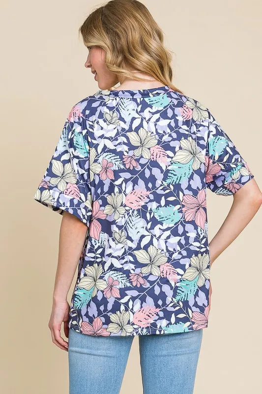 BOMBOM Floral Round Neck Short Sleeve T-Shirt