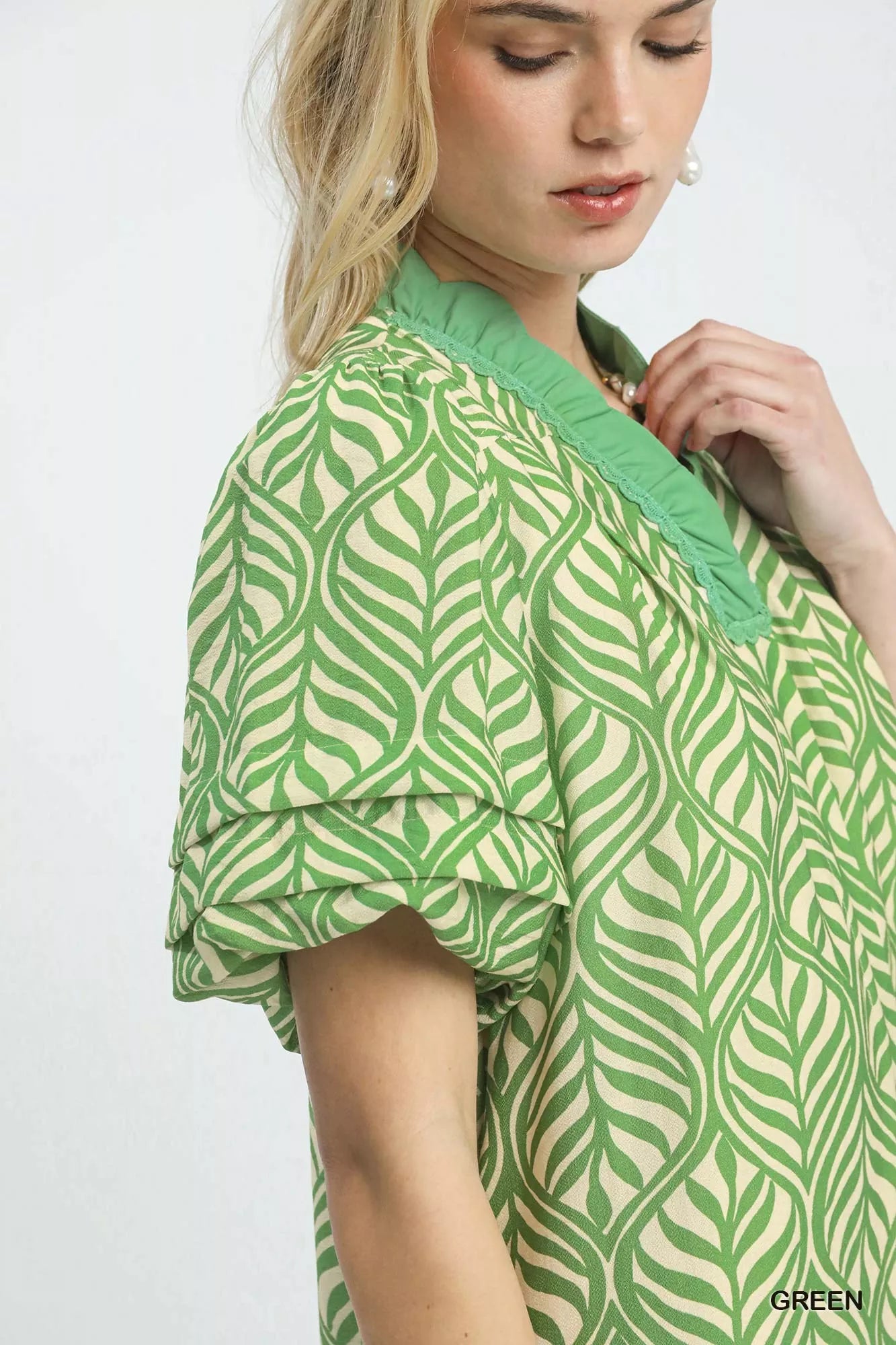 Umgee Green Leaf Print Ruffle Neck Midi Dress