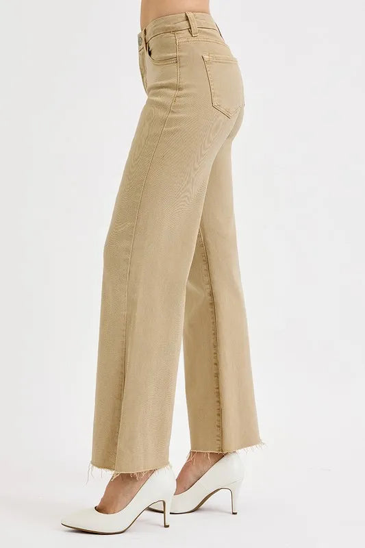 RISEN Tan Tummy Control Raw Hem Wide Leg Jeans