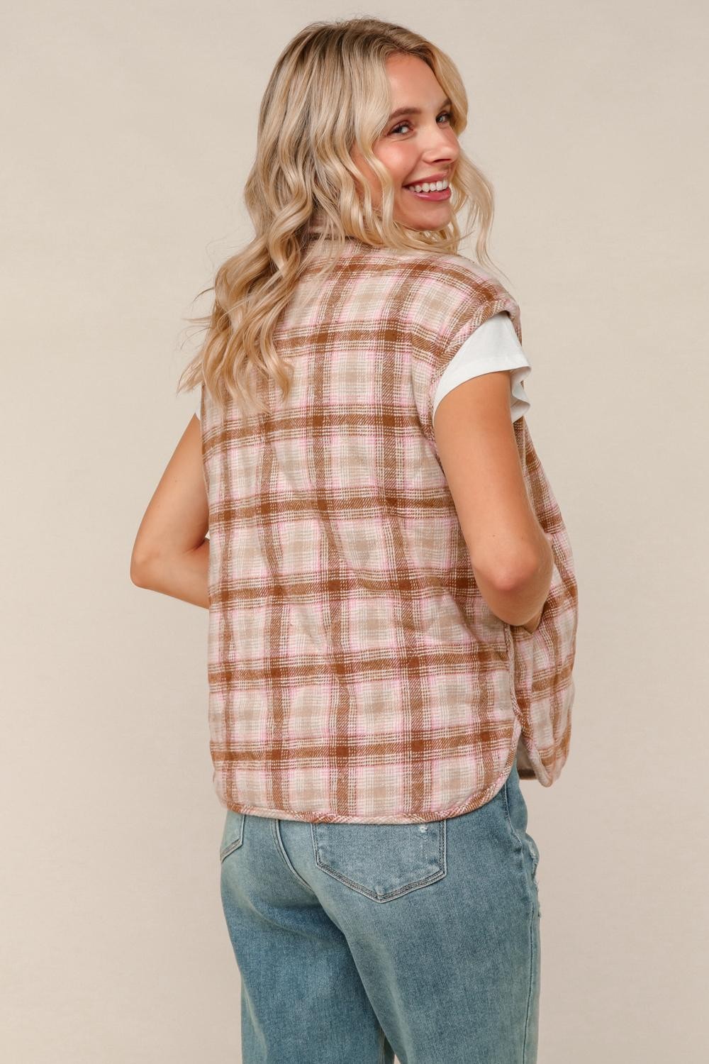 Haptics Taupe/Caramel Snap Button Down Plaid Quilted Vest Jacket