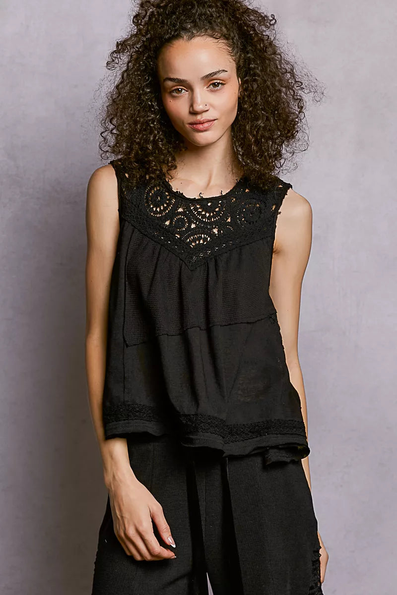 POL Black Round Neck Sleeveless Top with Crochet Contrast BLACK