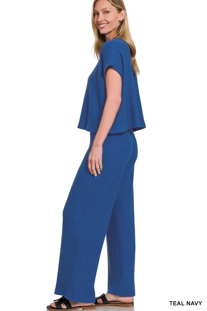 Zenana Dusty Teal Sweater Boxy Top & Long Pants Set