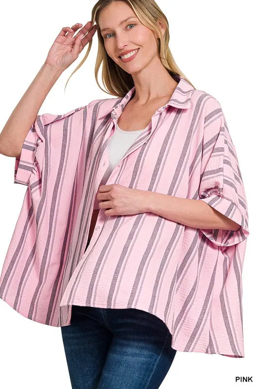 Zenana Pink Woven Yarn-Dye Stripe Oversized Button Down Shirt