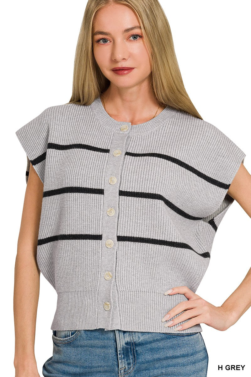 Zenana Heather Grey Striped Viscose Sweater Vest H GREY
