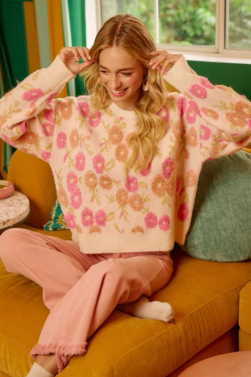 BiBi Ivory Towel Texture Floral Pattern Vintage Sweater