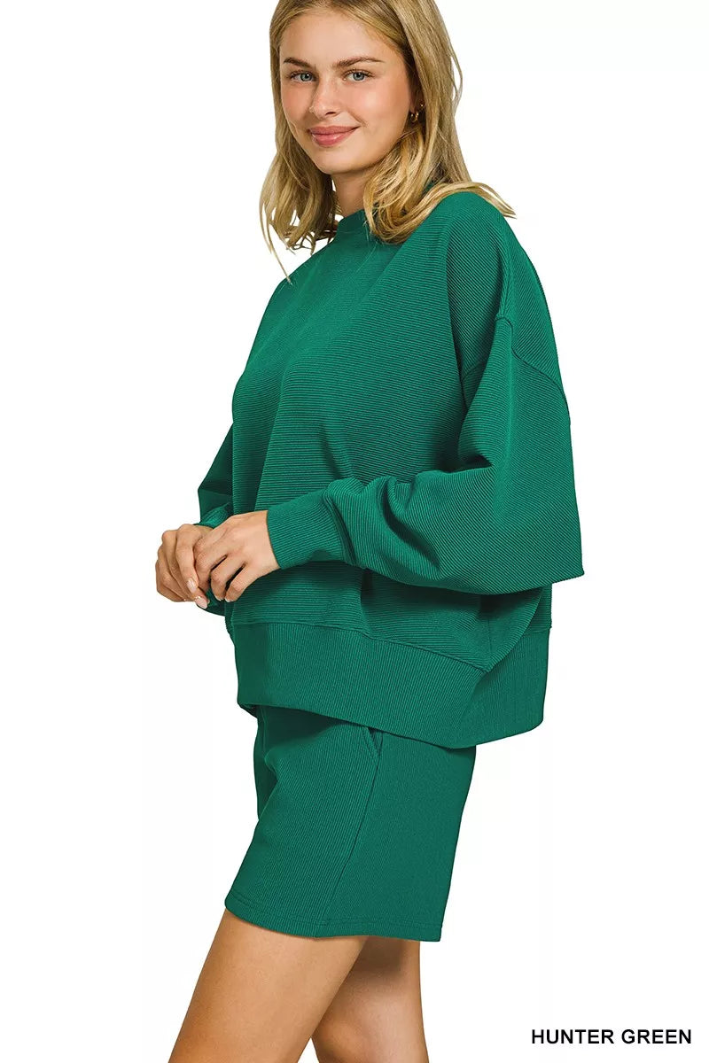 Zenana Hunter Green Ribbed Round Neck Pullover and Shorts Set