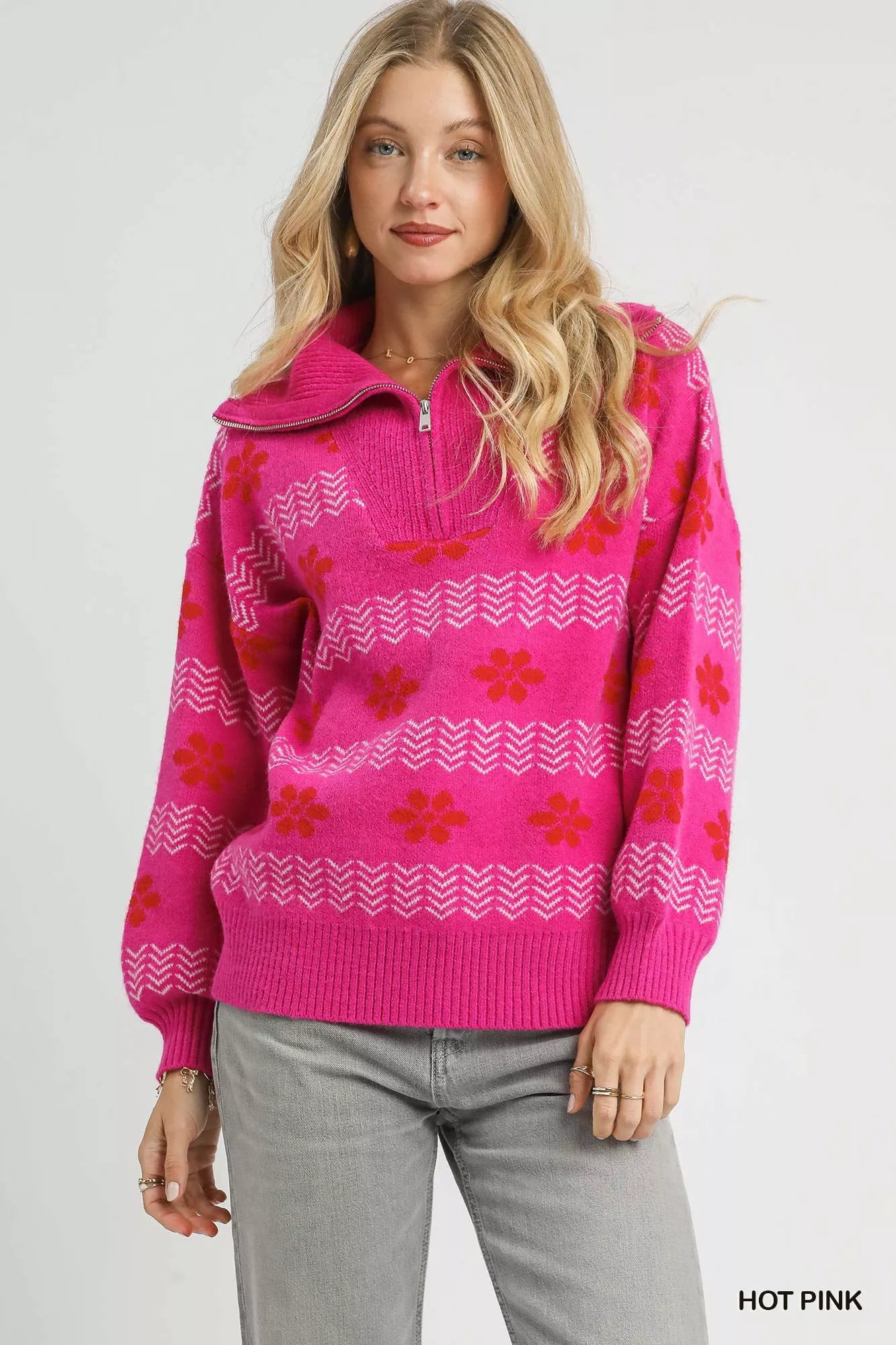 Umgee Hot Pink Floral Patterned Jacquard Quarter-Zip Pullover Sweater HOT PINK