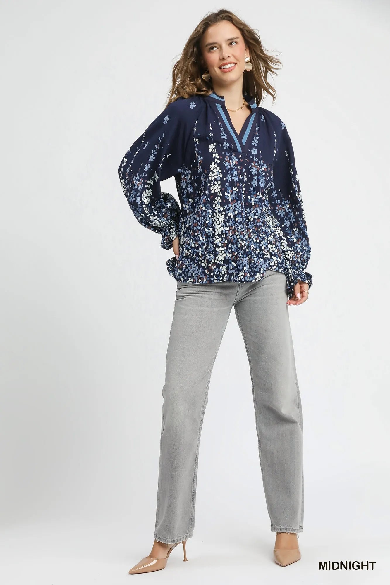 Umgee Midnight Floral Vine Print Blouse with Balloon Sleeves