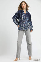 Umgee Midnight Floral Vine Print Blouse with Balloon Sleeves