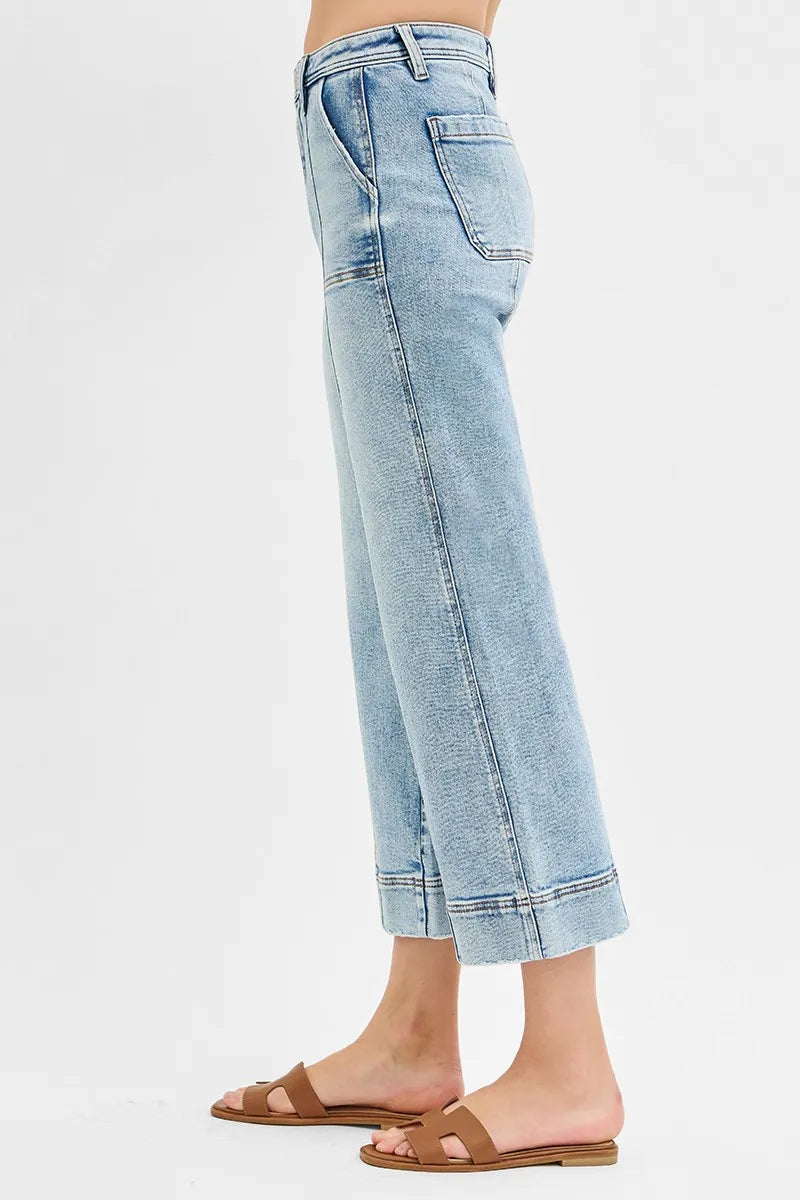 RISEN Light Washed High Rise Crop Wide Front Seam Detailed Jeans