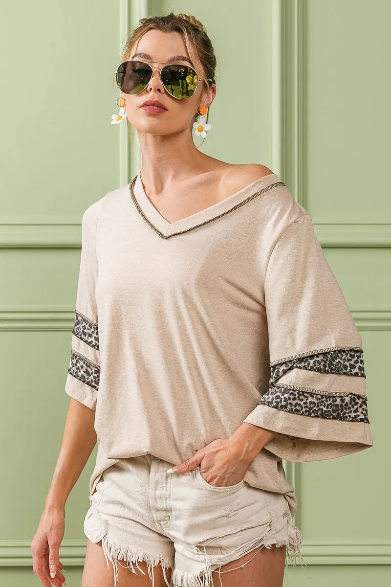 BiBi Oatmeal Triblend Knit Top with Leopard Band Detail