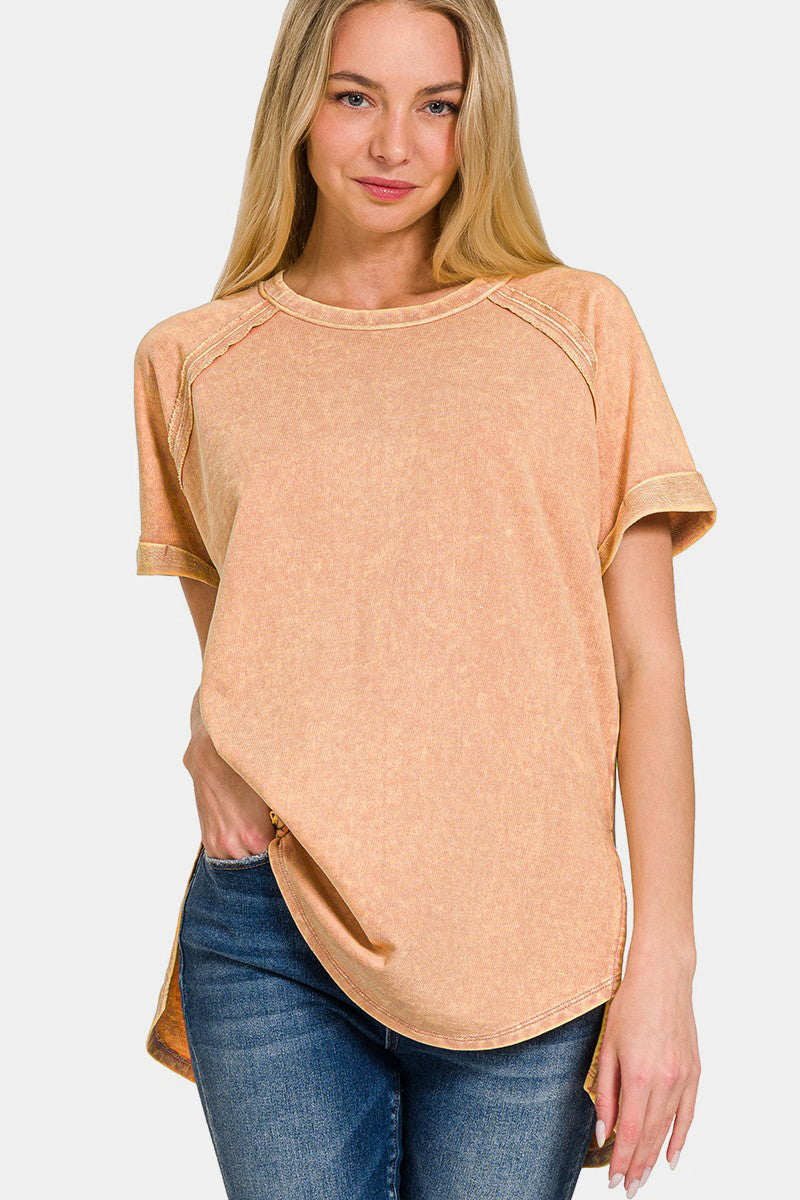 Zenana Heathered Round Neck Short Sleeve Top in Brush Brush Shirts & Tops