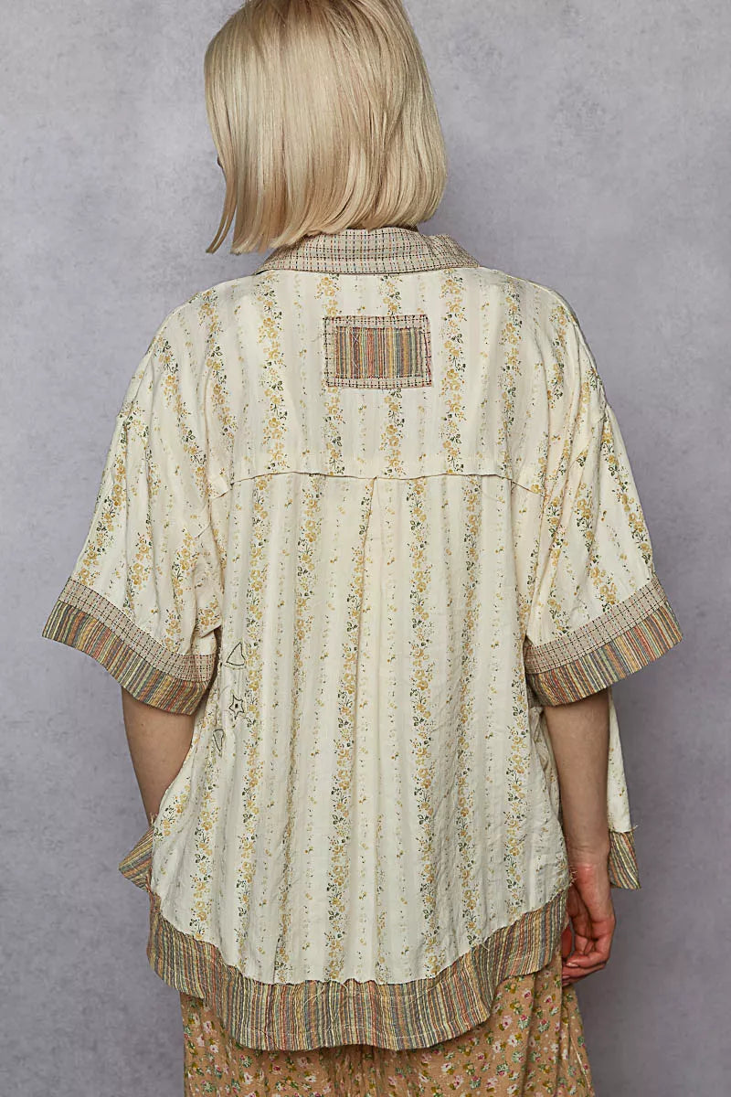 POL Cream Printed Button Down Patchwork Short Sleeve Shirt