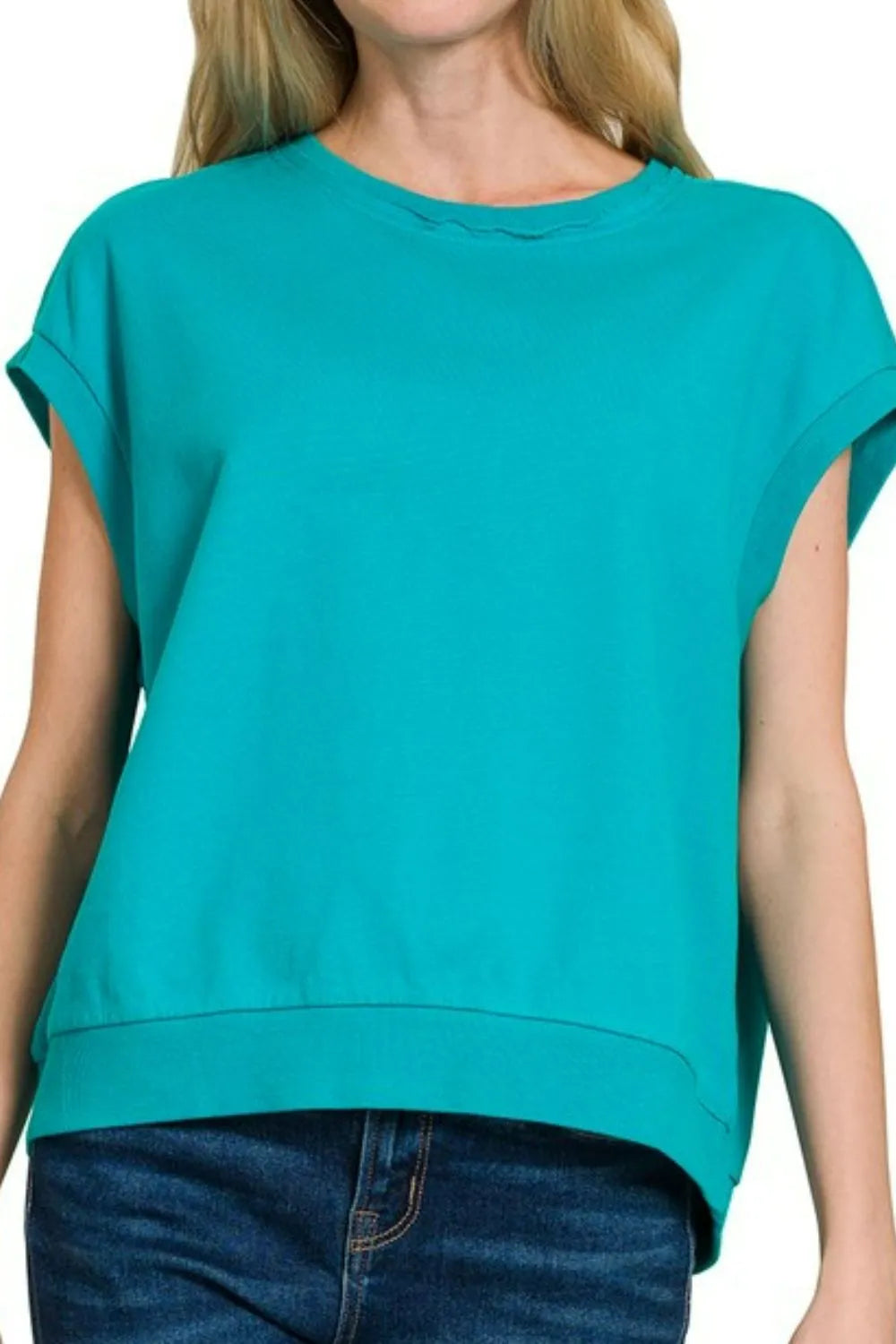 Zenana Light Teal French Terry Round Neck Cap Sleeve T-Shirt