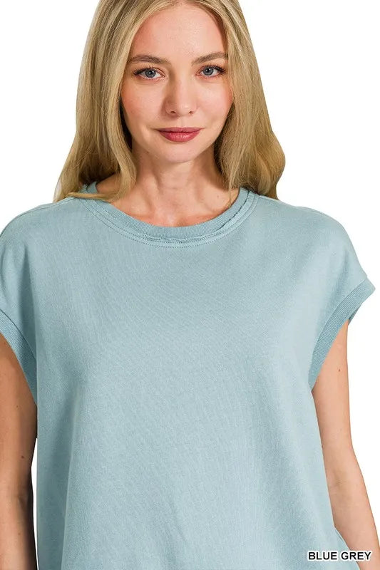 Zenana Blue Gray French Terry Round Neck Cap Sleeve T-Shirt