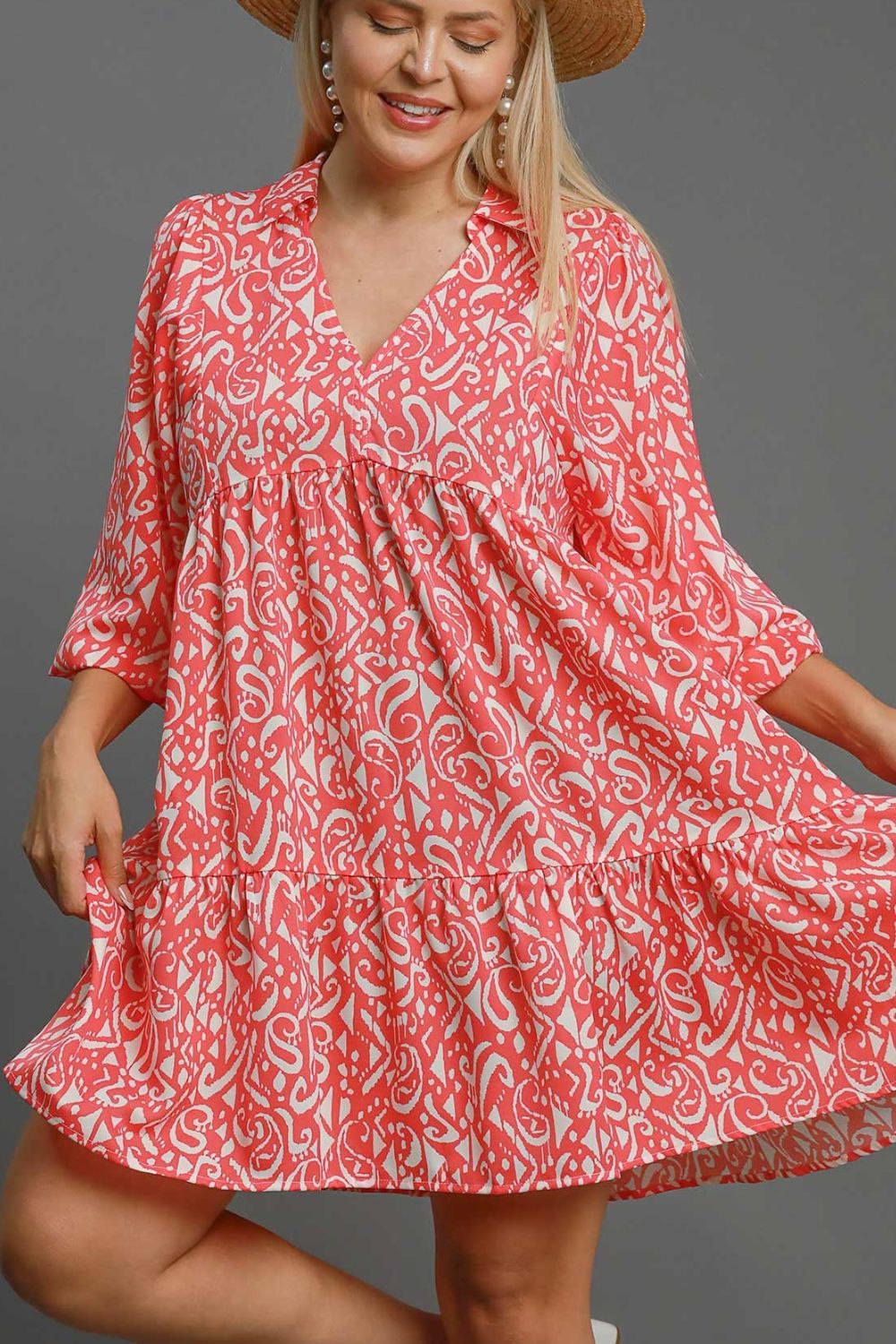 Umgee Coral Two Tone Print Balloon Sleeve Tiered Dress