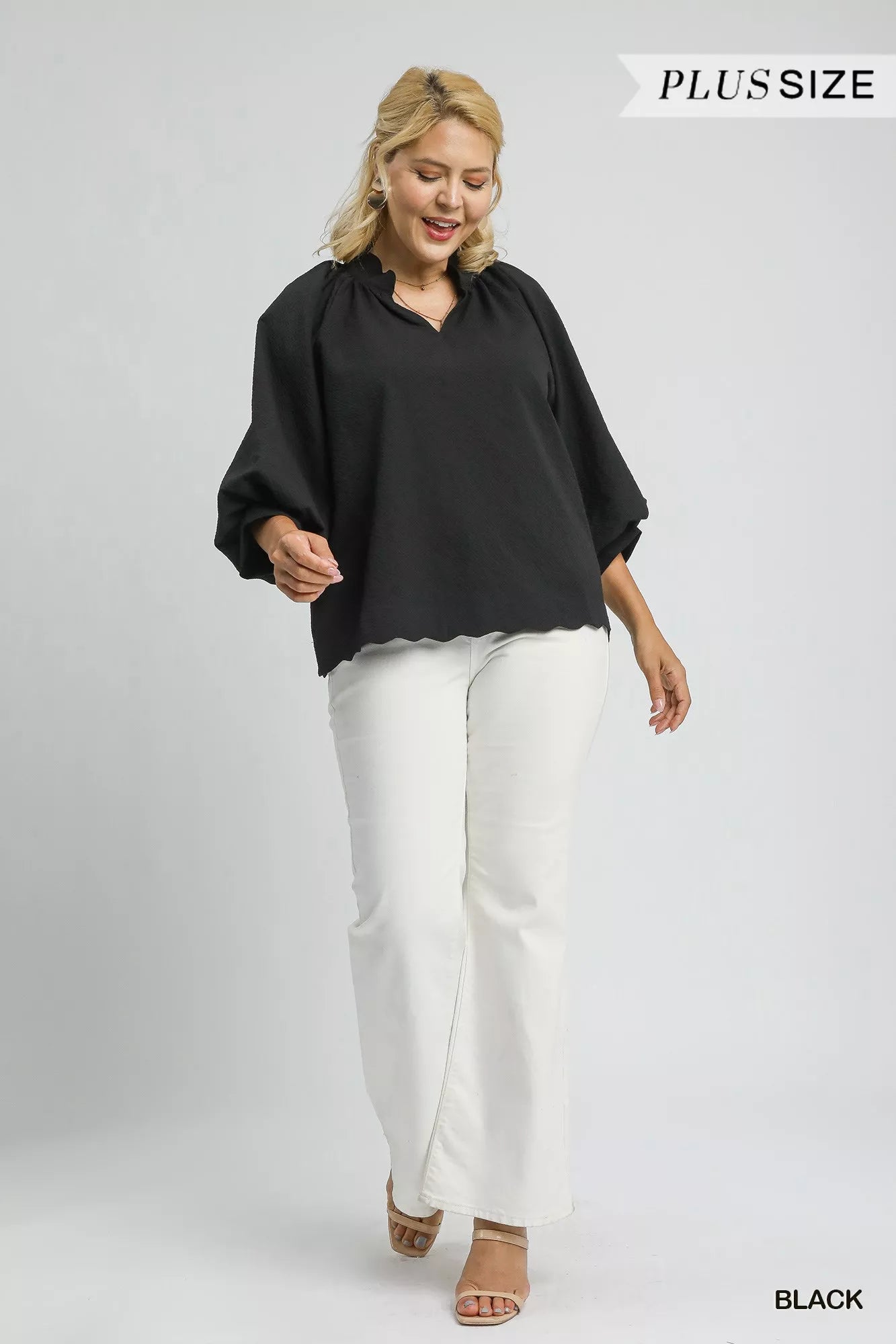 Umgee Black Textured Notched Scallop Hem Balloon Sleeve Blouse