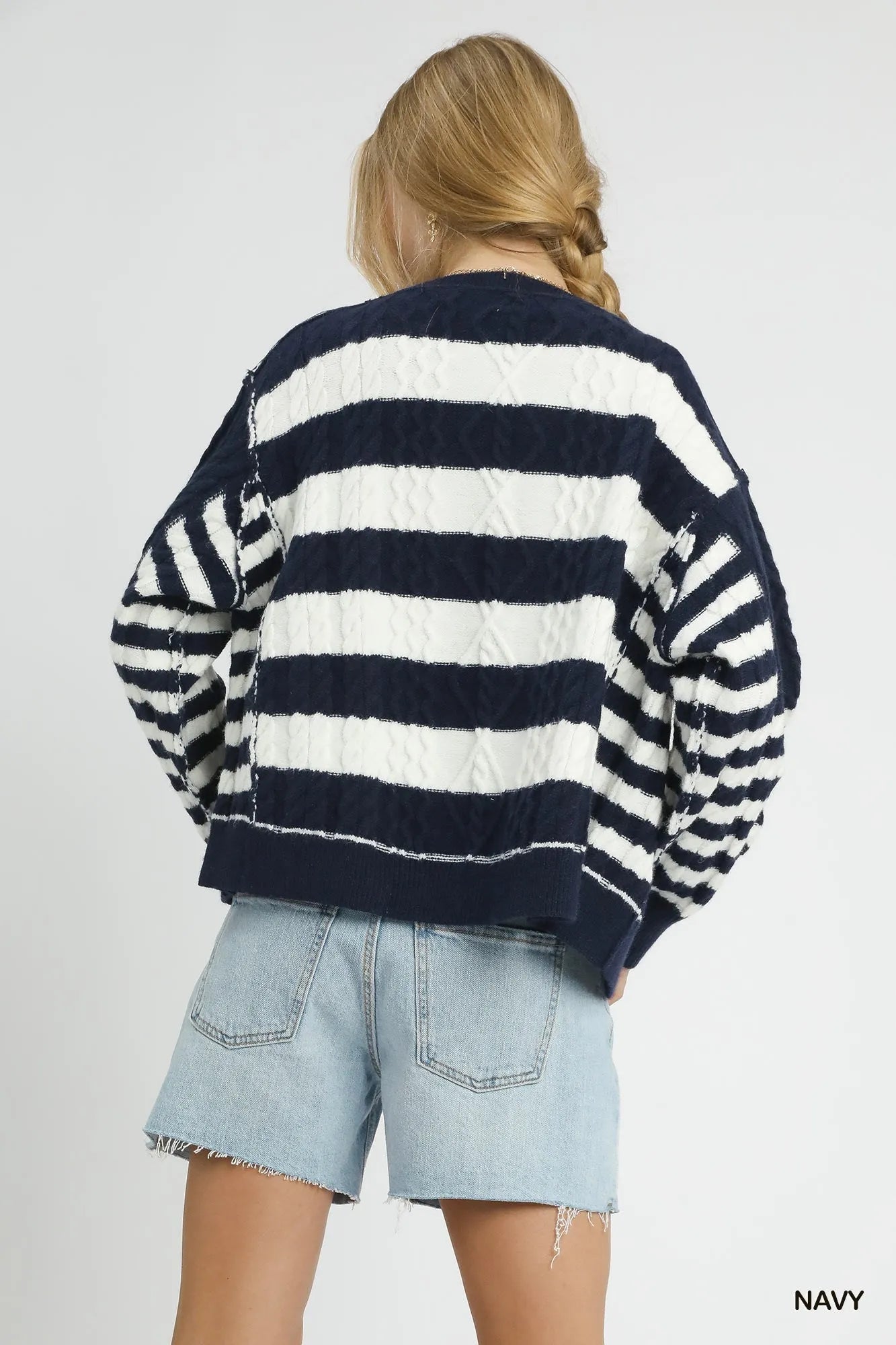 Umgee Navy & Ivory Cable-Knit Stripe Button-Up Cardigan